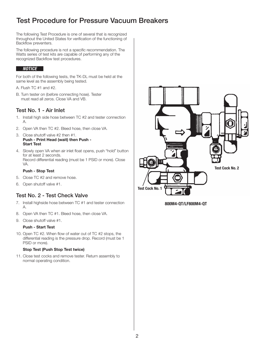 Test procedure for pressure vacuum breakers | Watts TK-DL User Manual | Page 2 / 8