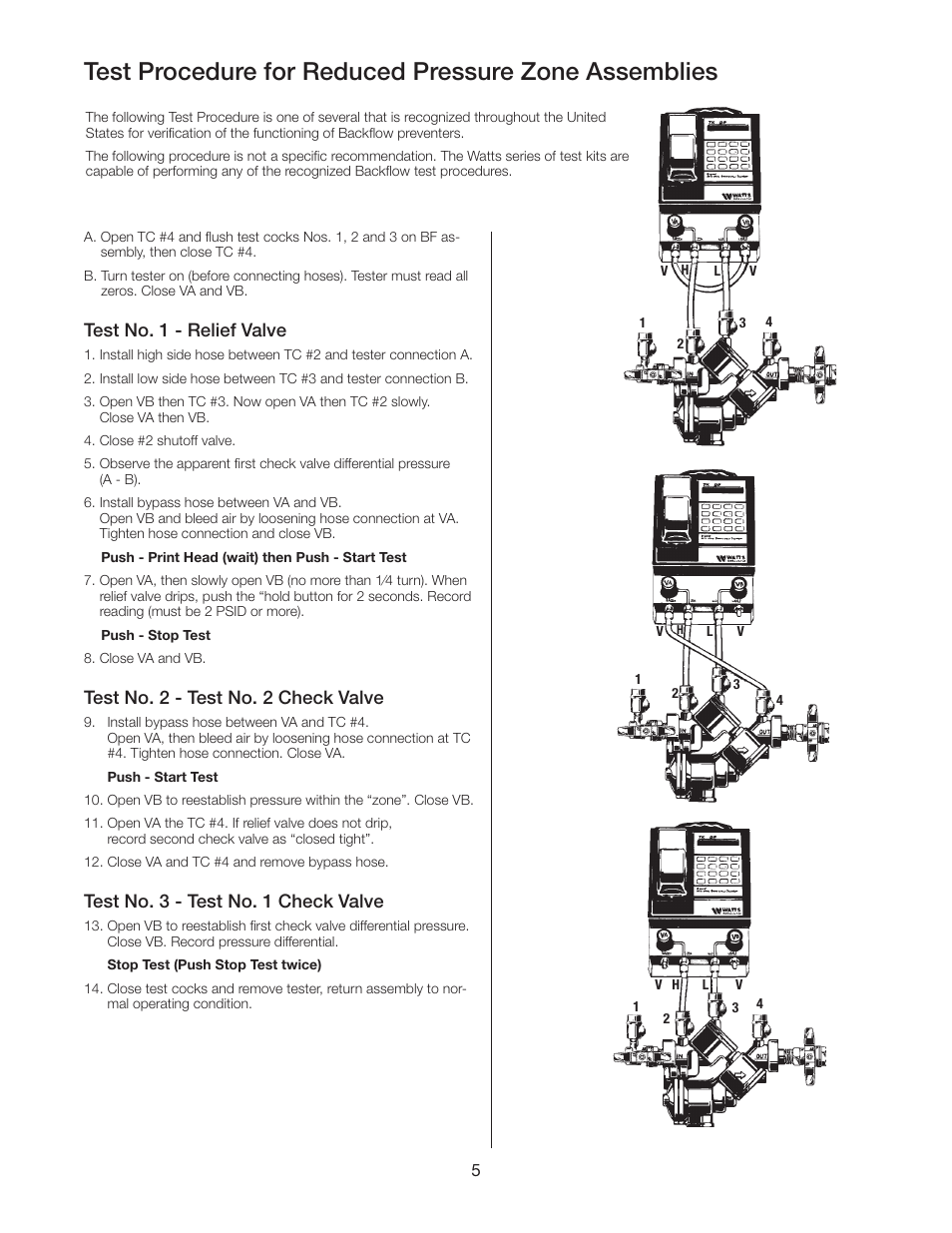 Test no. 1 - relief valve, Test no. 2 - test no. 2 check valve, Test no. 3 - test no. 1 check valve | Watts TK-DL User Manual | Page 5 / 8