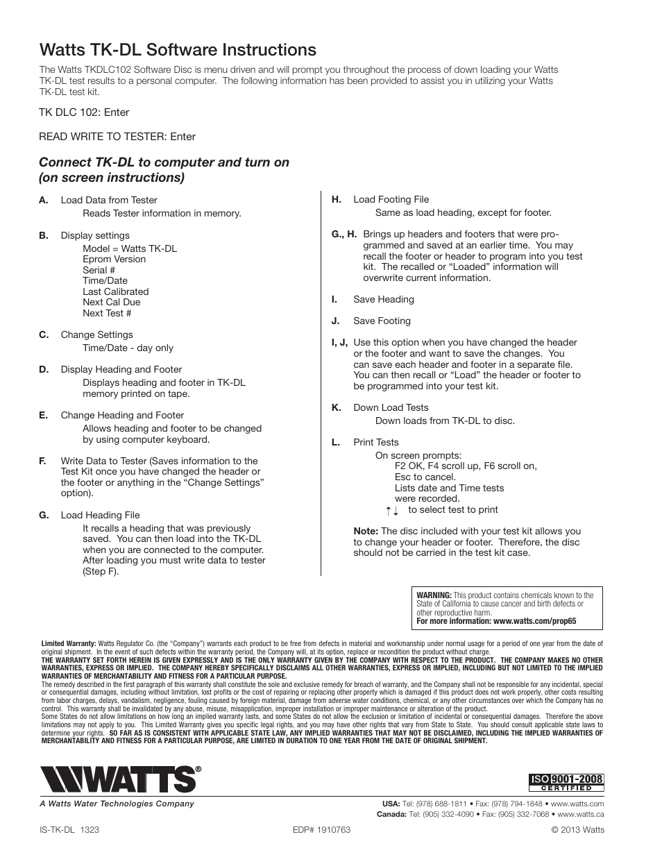 Watts tk-dl software instructions | Watts TK-DL User Manual | Page 8 / 8