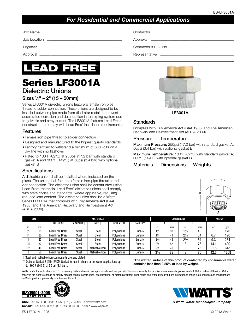 Watts LF3001A User Manual | 1 page