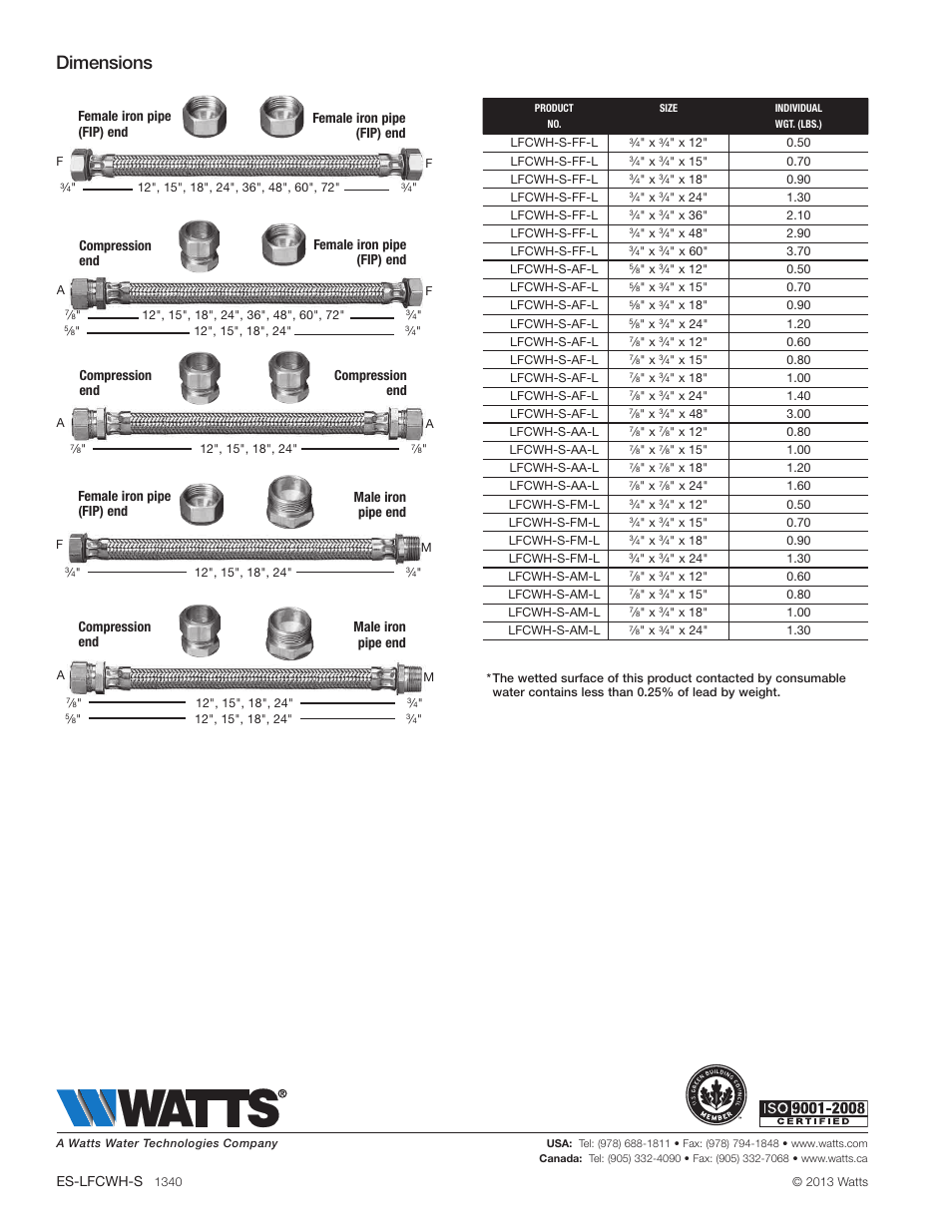 Dimensions, Female iron pipe (fip) end compression end, Compression end compression end | Male iron pipe end compression end, Female iron pipe (fip) end male iron pipe end, Es-lfcwh-s | Watts LFCWH-S User Manual | Page 2 / 2