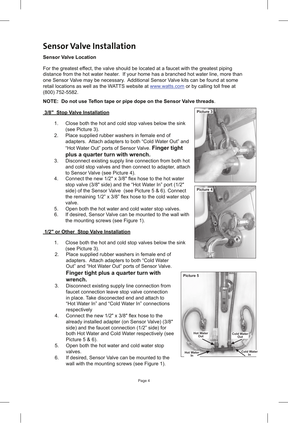 Sensor valve installation | Watts 596816 User Manual | Page 4 / 8