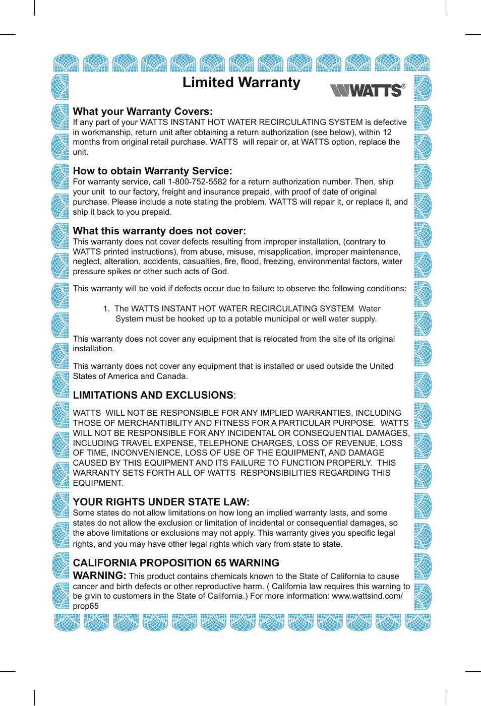 Limited warranty | Watts 596816 User Manual | Page 7 / 8