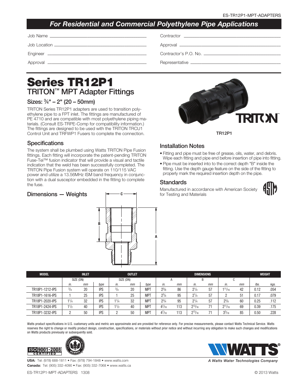 Watts TR12P1 IPS MPT Adapters User Manual | 1 page