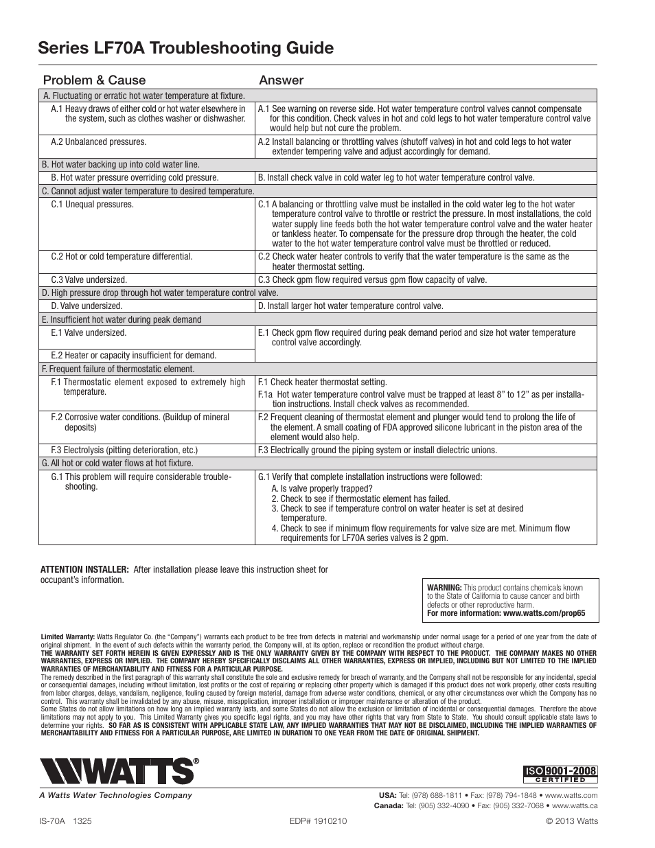 Series lf70a troubleshooting guide, Problem & cause answer | Watts LFL70A User Manual | Page 2 / 2