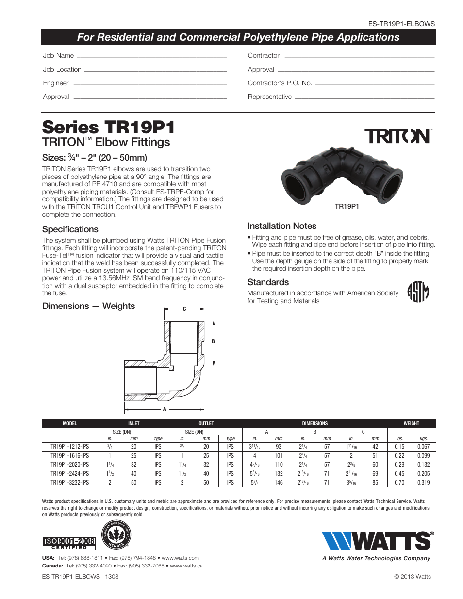 Watts TR19P1 IPS Elbows User Manual | 1 page