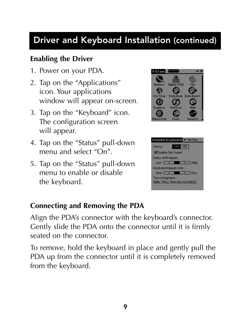 Driver and keyboard installation | Belkin Portable PDA Keyboard G700 Series User Manual | Page 11 / 19