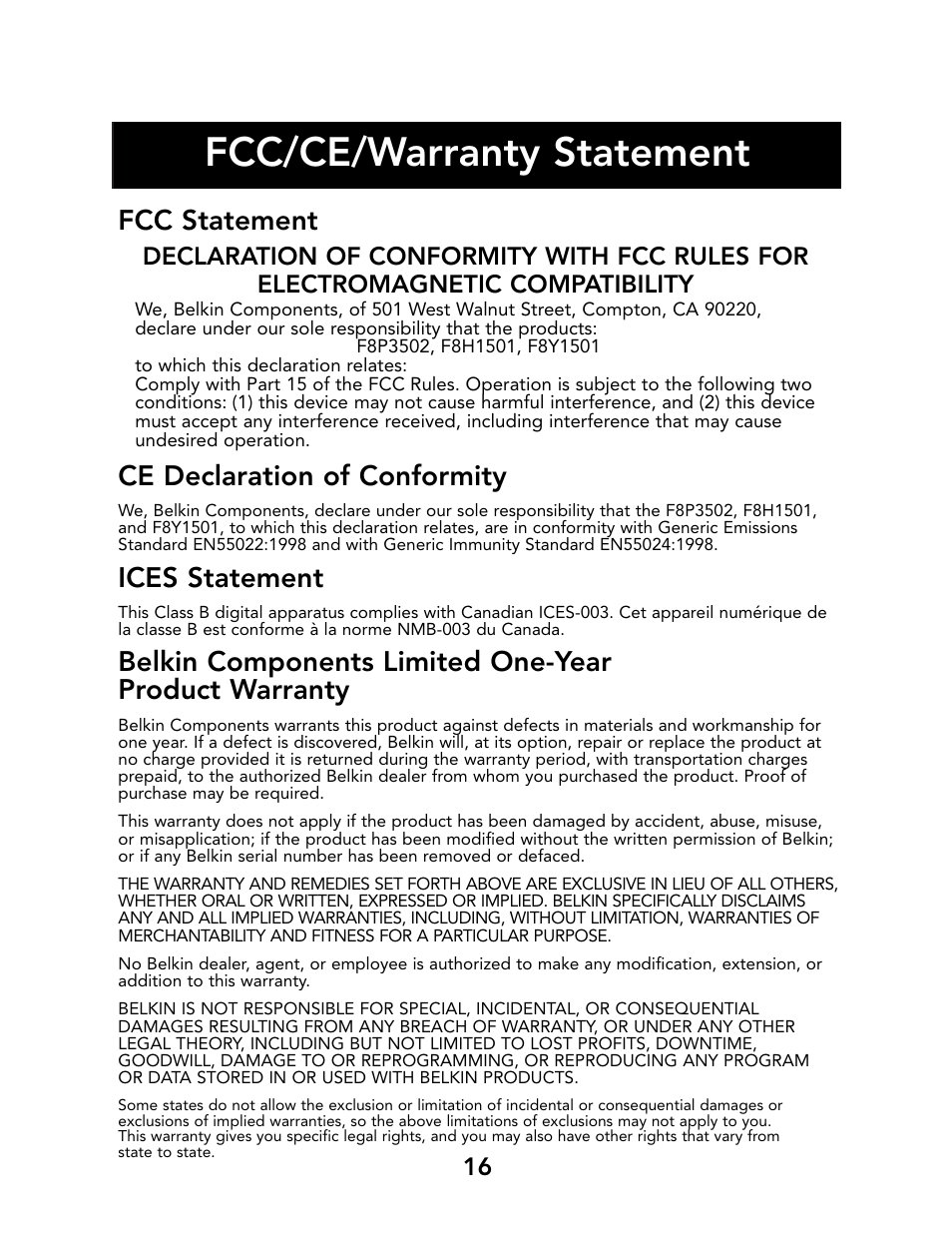 Fcc/ce/warranty statement, Fcc statement, Ce declaration of conformity | Ices statement | Belkin Portable PDA Keyboard G700 Series User Manual | Page 18 / 19
