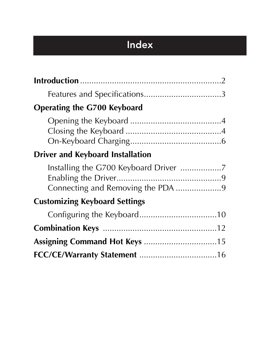 Index | Belkin Portable PDA Keyboard G700 Series User Manual | Page 3 / 19
