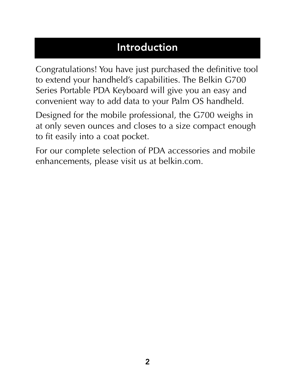 Introduction | Belkin Portable PDA Keyboard G700 Series User Manual | Page 4 / 19