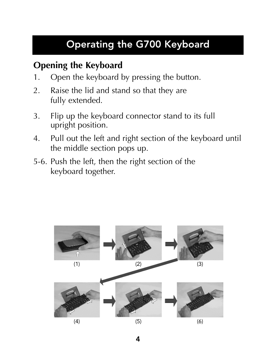 Operating the g700 keyboard, Opening the keyboard | Belkin Portable PDA Keyboard G700 Series User Manual | Page 6 / 19