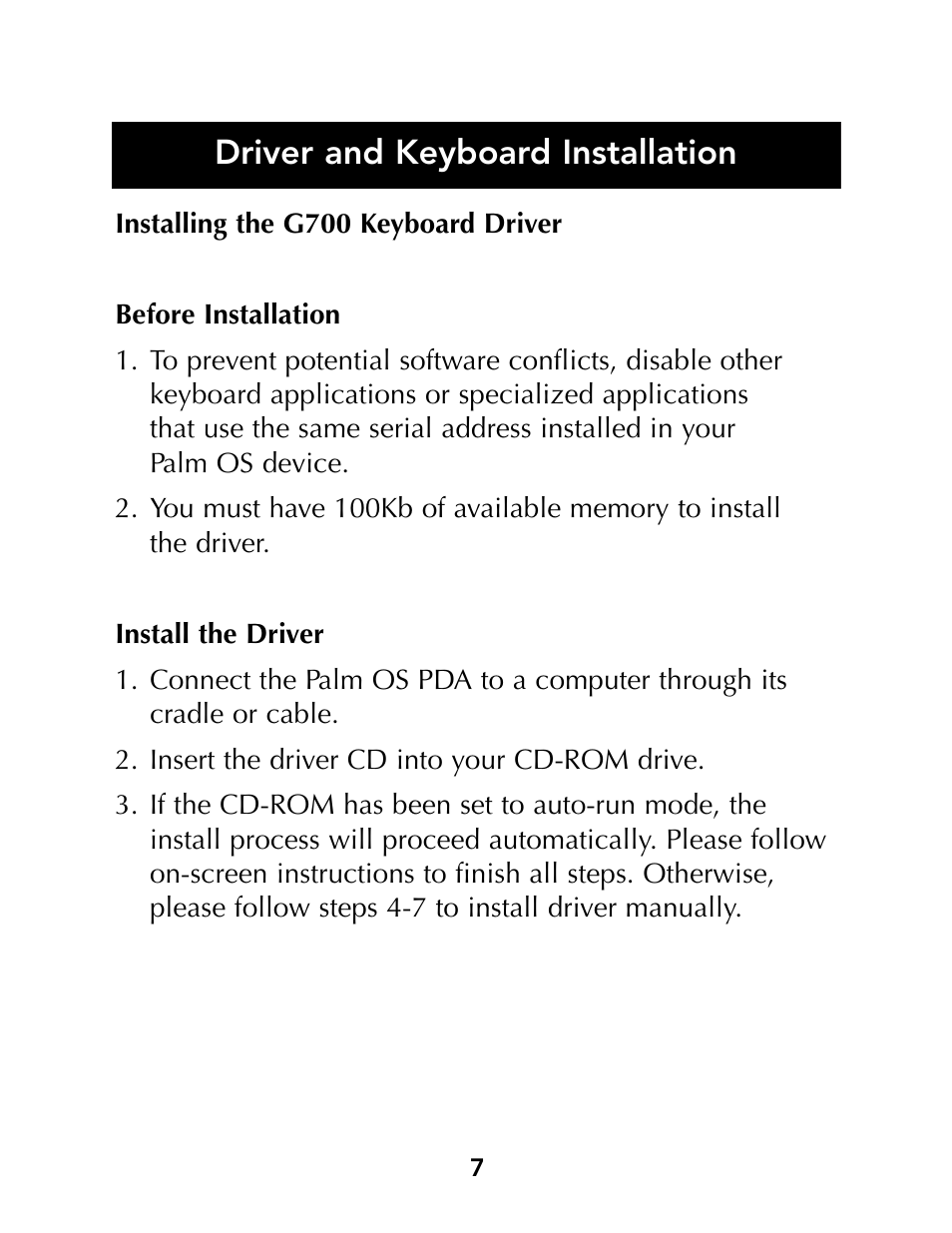 Driver and keyboard installation | Belkin Portable PDA Keyboard G700 Series User Manual | Page 9 / 19