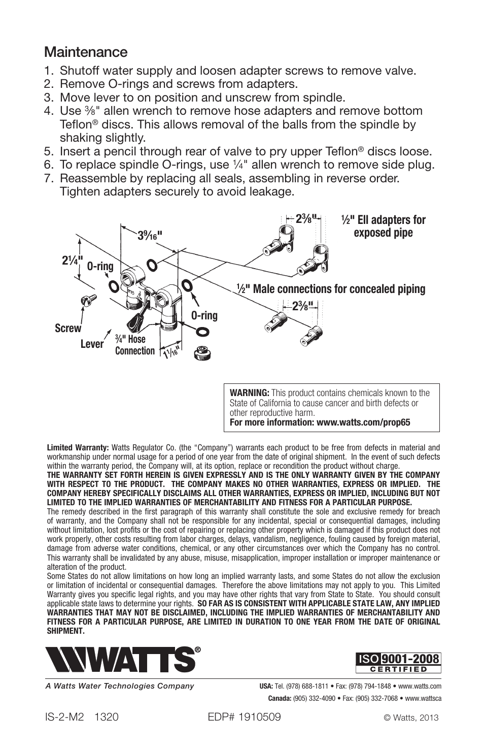 Maintenance, Discs loose. 6. to replace spindle o-rings, use, Ell adapters for exposed pipe | Male connections for concealed piping, O-ring screw lever, O-ring | Watts 2 User Manual | Page 2 / 2