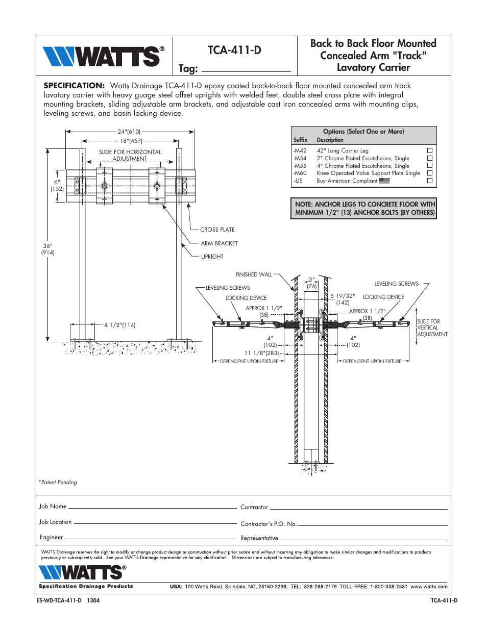 Watts TCA-411-D User Manual | 1 page