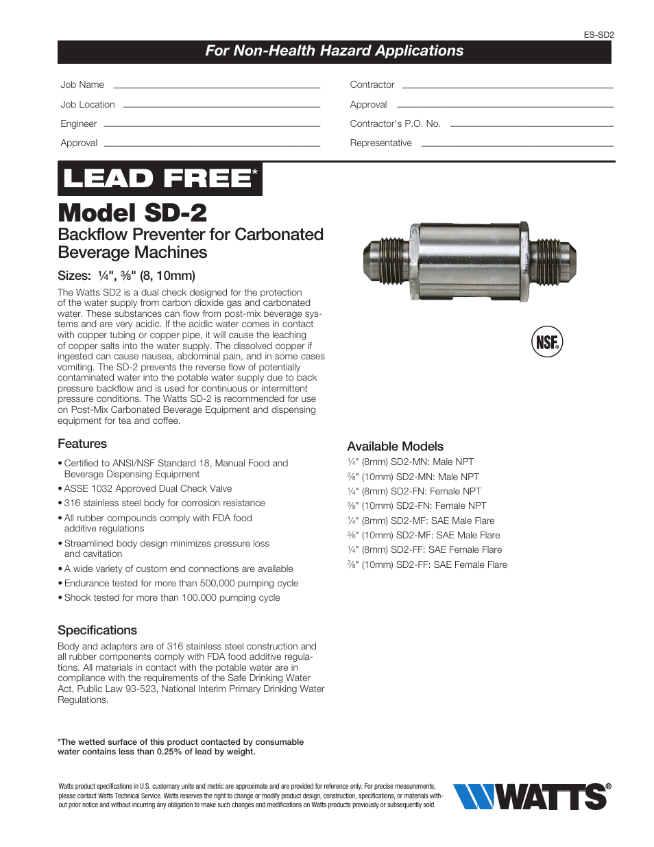 Watts SD-2 User Manual | 2 pages