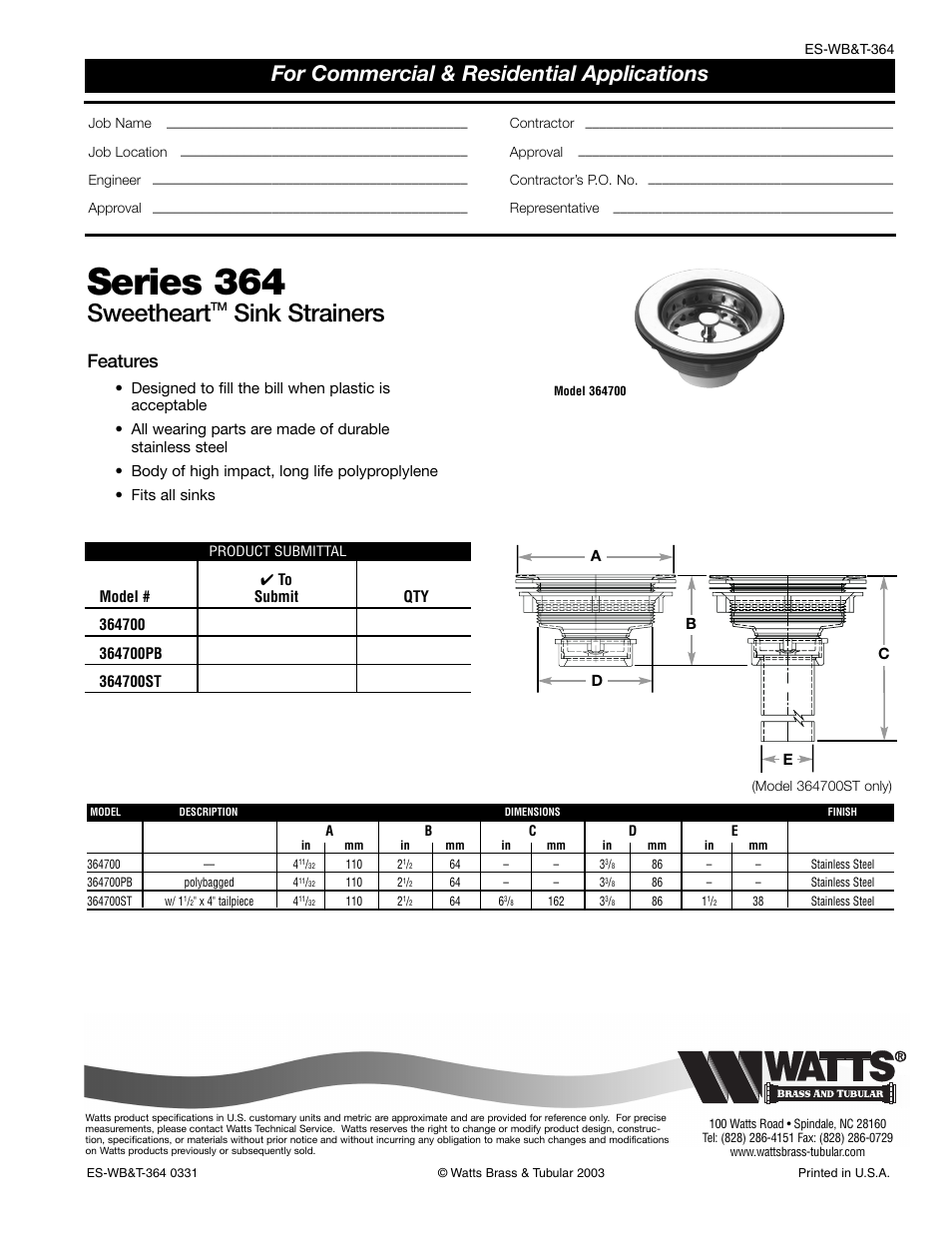 Watts 364 User Manual | 1 page