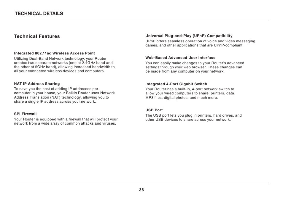 Technical details, Technical features | Belkin AC1800 User Manual | Page 38 / 62