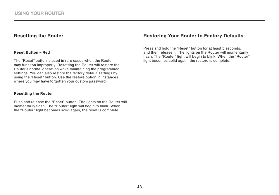 Resetting the router, Restoring your router to factory defaults | Belkin AC1800 User Manual | Page 45 / 62