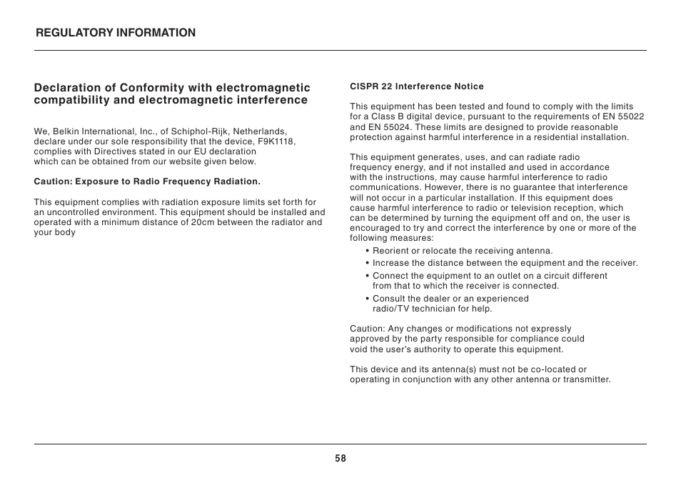 Regulatory information, Electromagnetic interference | Belkin AC1800 User Manual | Page 60 / 62