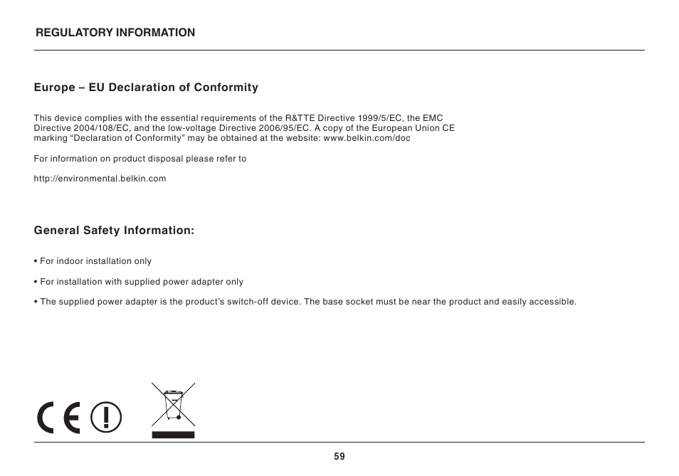 Europe – eu declaration of conformity, General safety information | Belkin AC1800 User Manual | Page 61 / 62