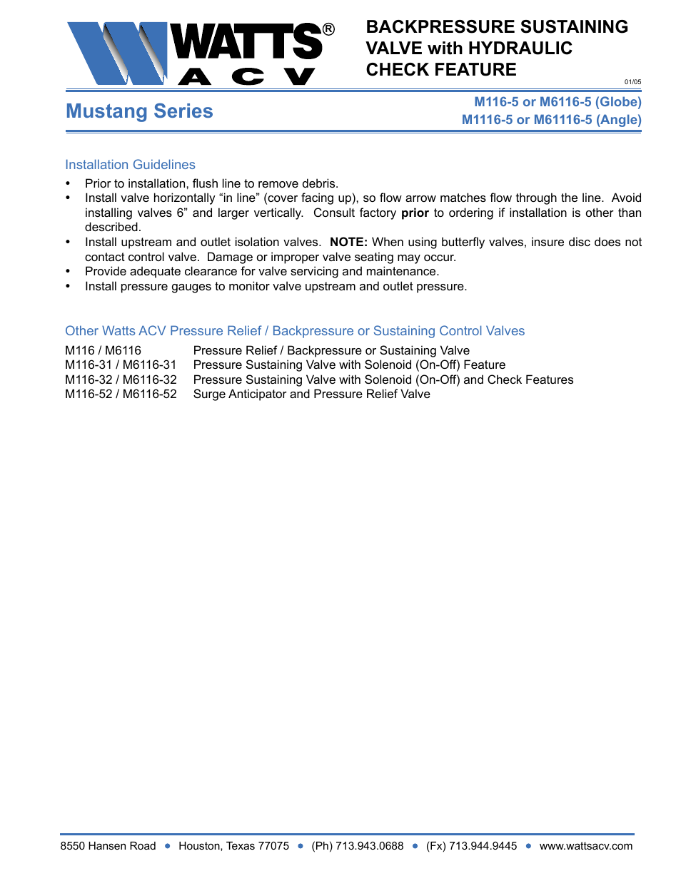 Mustang series | Watts M1116-5 User Manual | Page 2 / 2