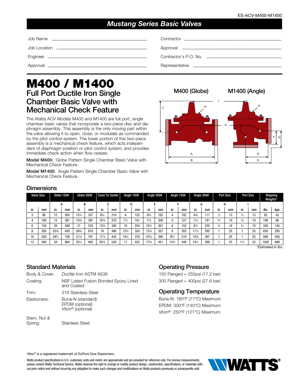 Watts M400 / M1400 User Manual | 2 pages