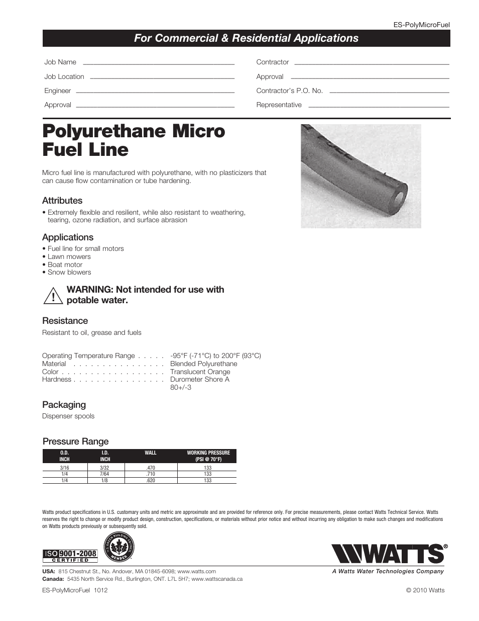 Watts Polyurethane Micro Fuel Line - Reels User Manual | 1 page