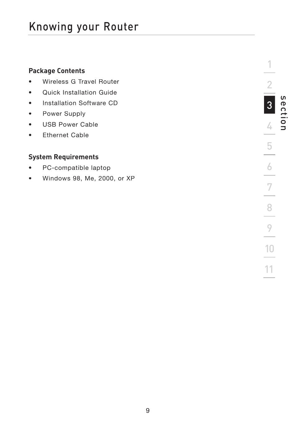 Knowing your router, Se ct io n | Belkin Wireless G Travel Router F5D7233 User Manual | Page 11 / 85