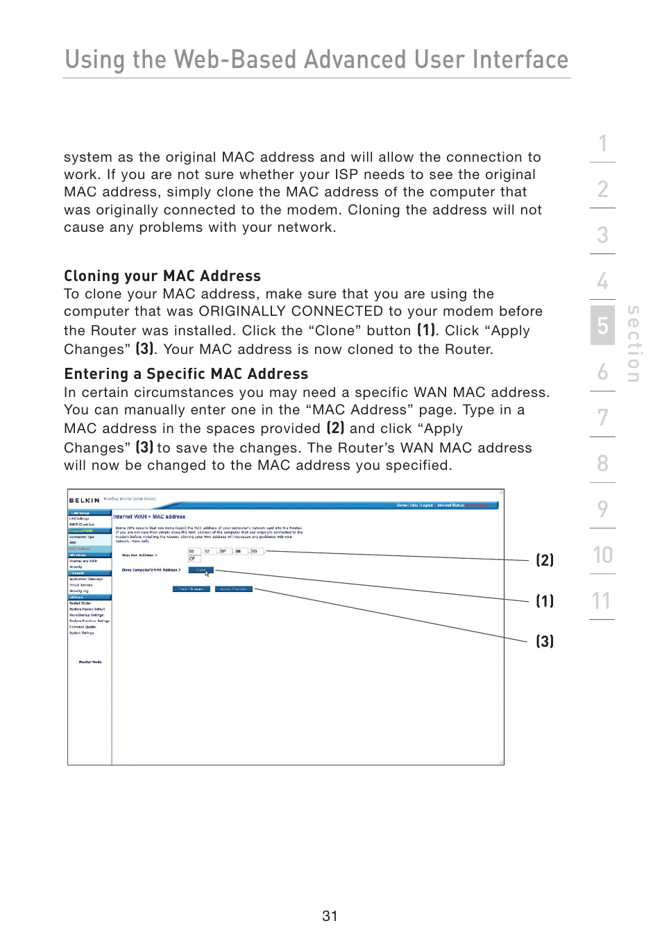 Using the web-based advanced user interface, Se ct io n | Belkin Wireless G Travel Router F5D7233 User Manual | Page 33 / 85