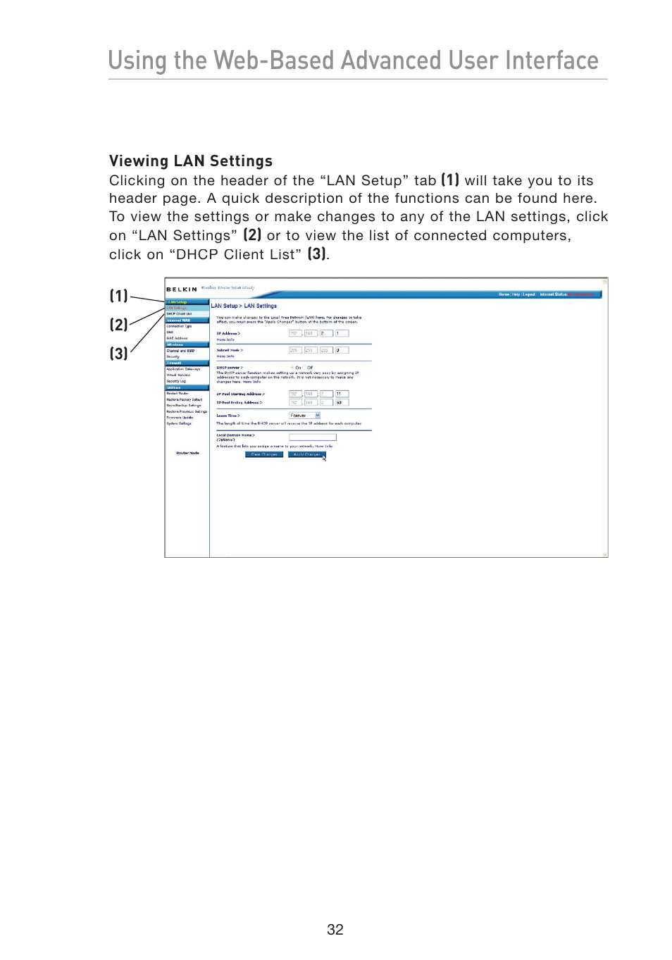 Using the web-based advanced user interface | Belkin Wireless G Travel Router F5D7233 User Manual | Page 34 / 85