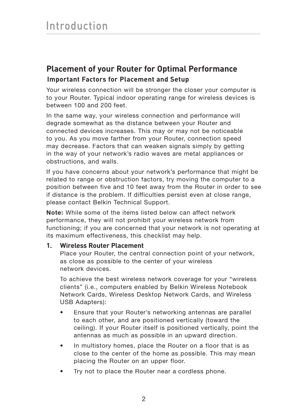 Introduction, Placement of your router for optimal performance | Belkin Wireless G Travel Router F5D7233 User Manual | Page 4 / 85