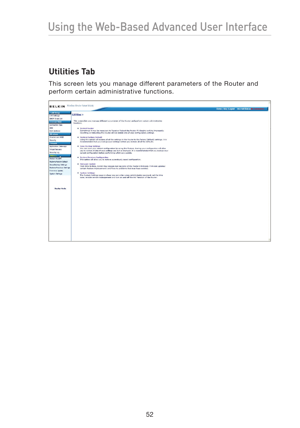 Using the web-based advanced user interface | Belkin Wireless G Travel Router F5D7233 User Manual | Page 54 / 85