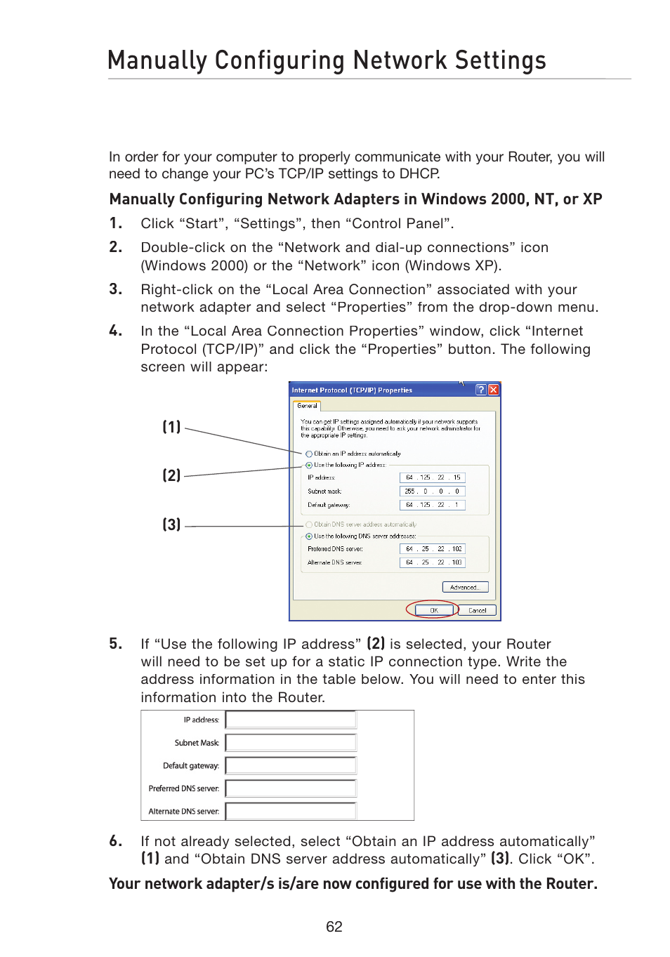 Manually configuring network settings | Belkin Wireless G Travel Router F5D7233 User Manual | Page 64 / 85