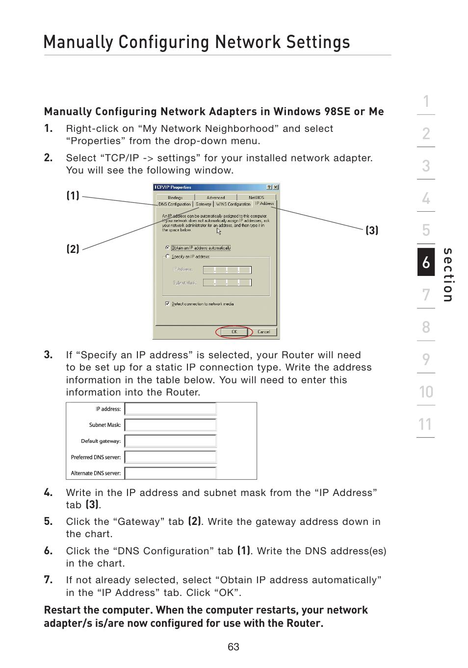 Manually configuring network settings, Se ct io n | Belkin Wireless G Travel Router F5D7233 User Manual | Page 65 / 85