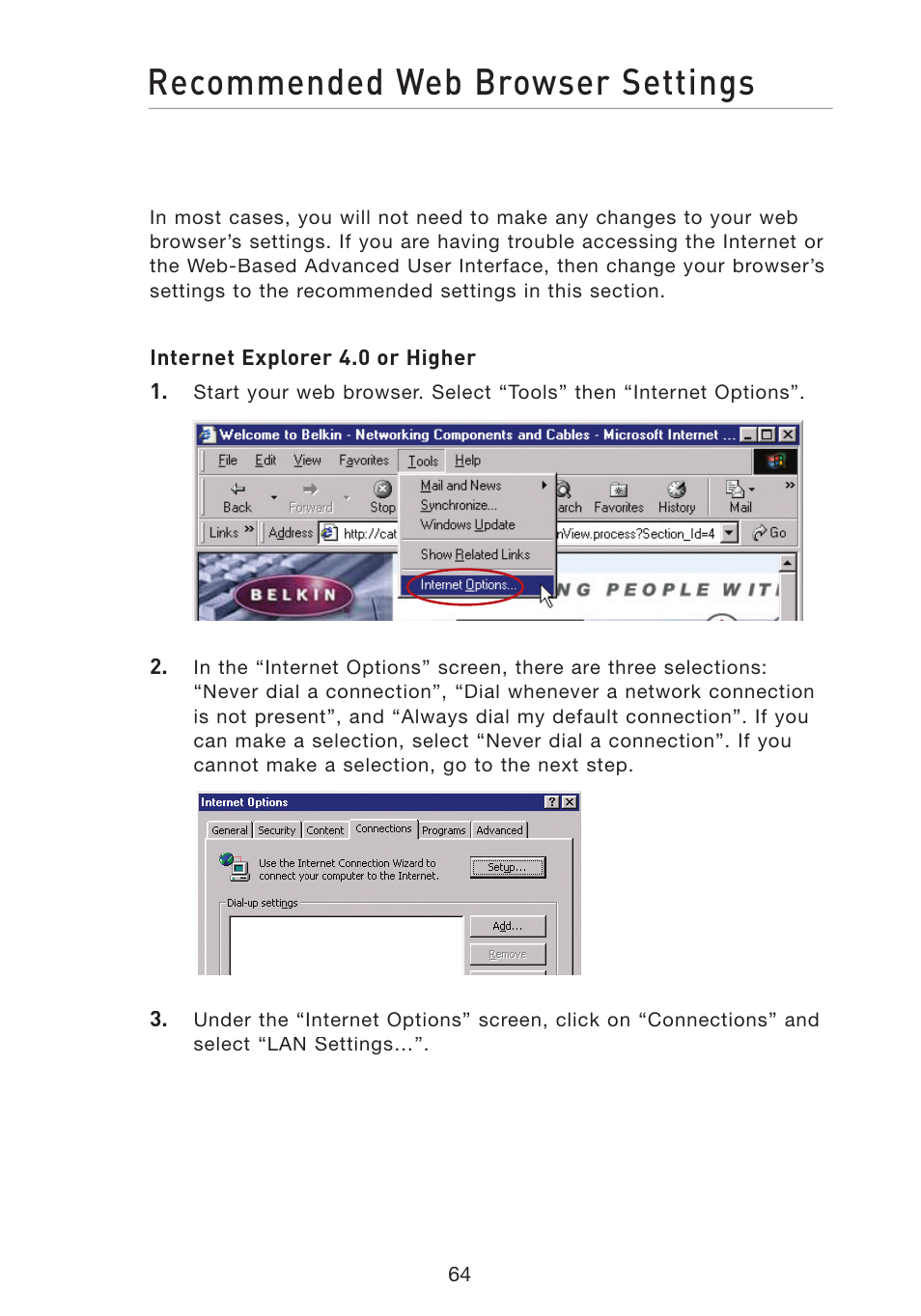 Recommended web browser settings | Belkin Wireless G Travel Router F5D7233 User Manual | Page 66 / 85