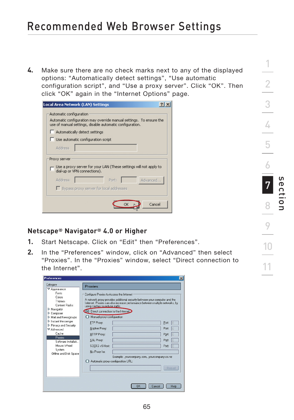 Recommended web browser settings, Se ct io n | Belkin Wireless G Travel Router F5D7233 User Manual | Page 67 / 85