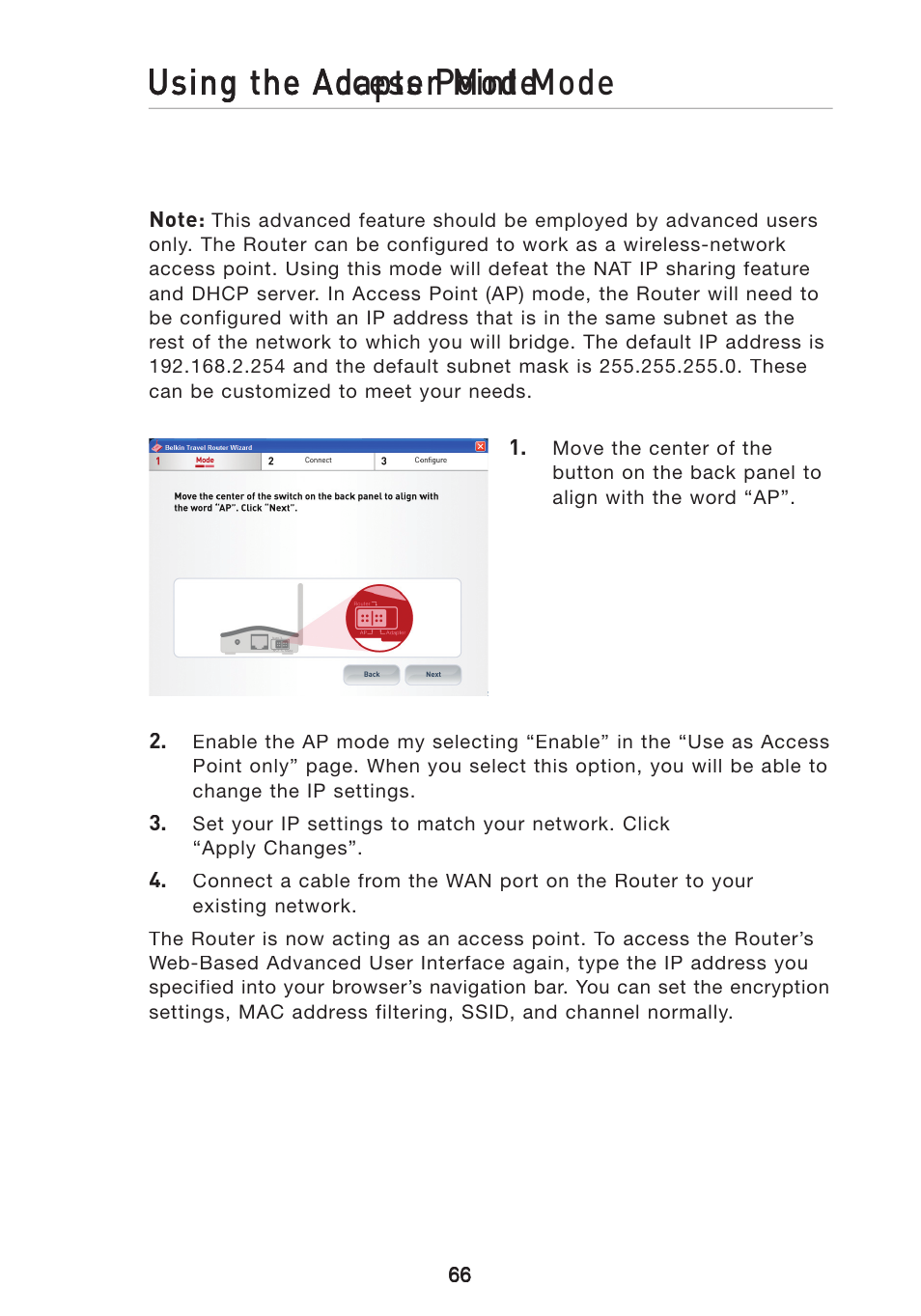 Using the access point mode | Belkin Wireless G Travel Router F5D7233 User Manual | Page 68 / 85