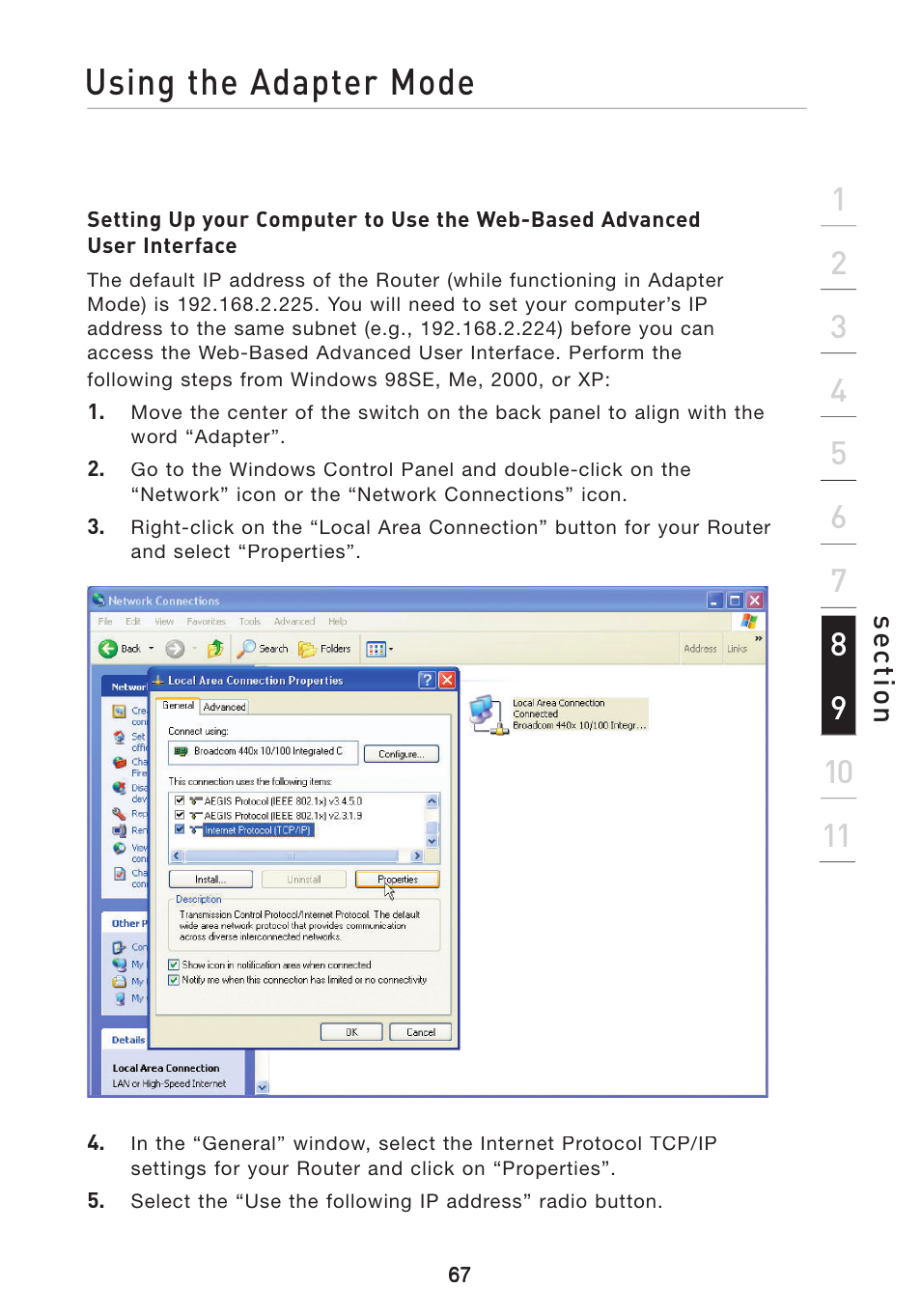 Using the adapter mode, Se ct io n | Belkin Wireless G Travel Router F5D7233 User Manual | Page 69 / 85