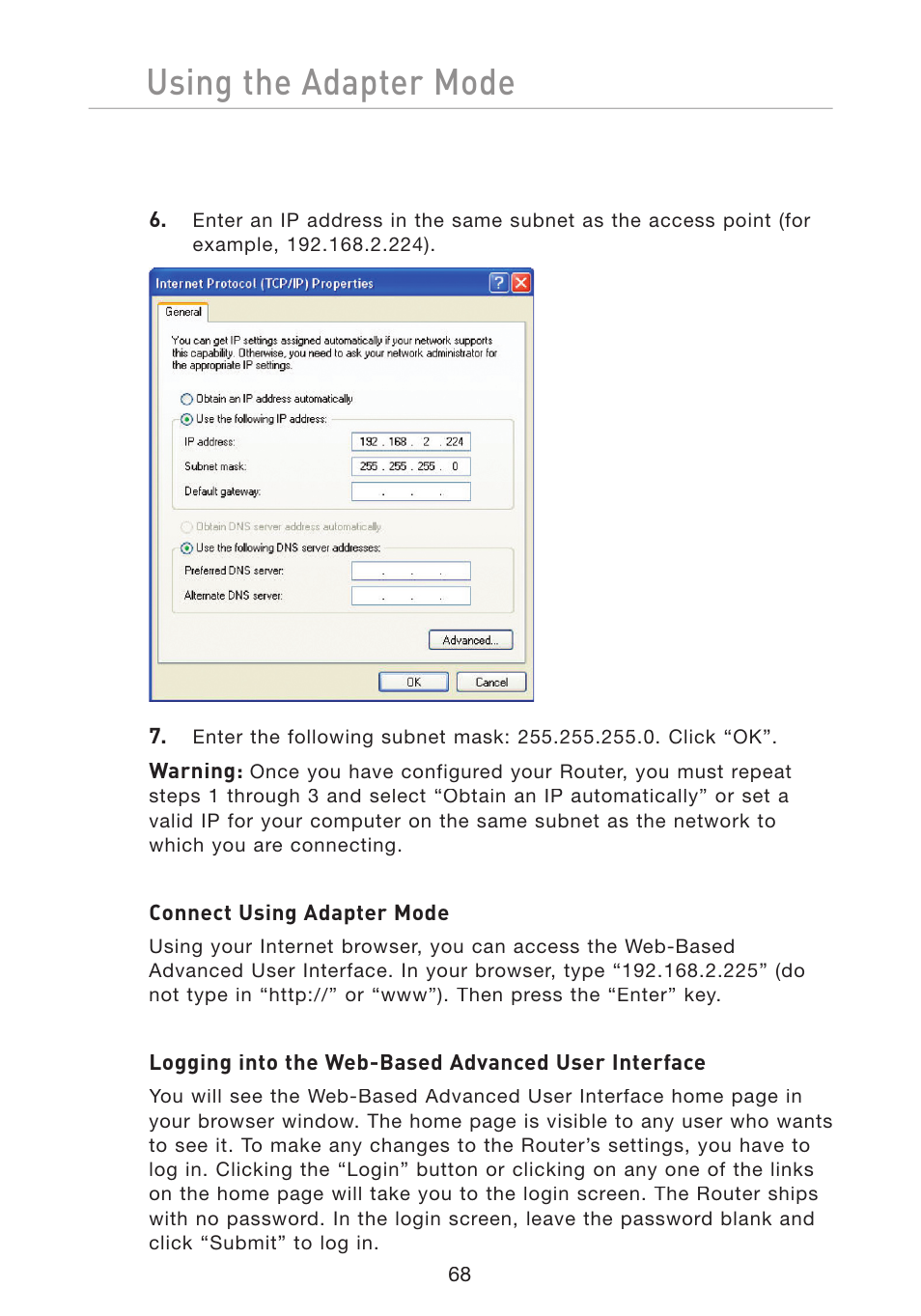 Using the adapter mode | Belkin Wireless G Travel Router F5D7233 User Manual | Page 70 / 85