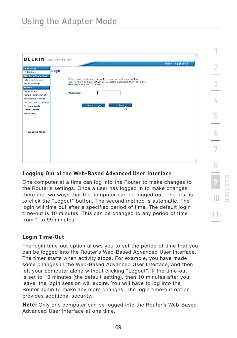 Using the adapter mode | Belkin Wireless G Travel Router F5D7233 User Manual | Page 71 / 85