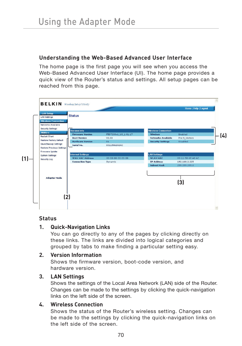 Using the adapter mode | Belkin Wireless G Travel Router F5D7233 User Manual | Page 72 / 85