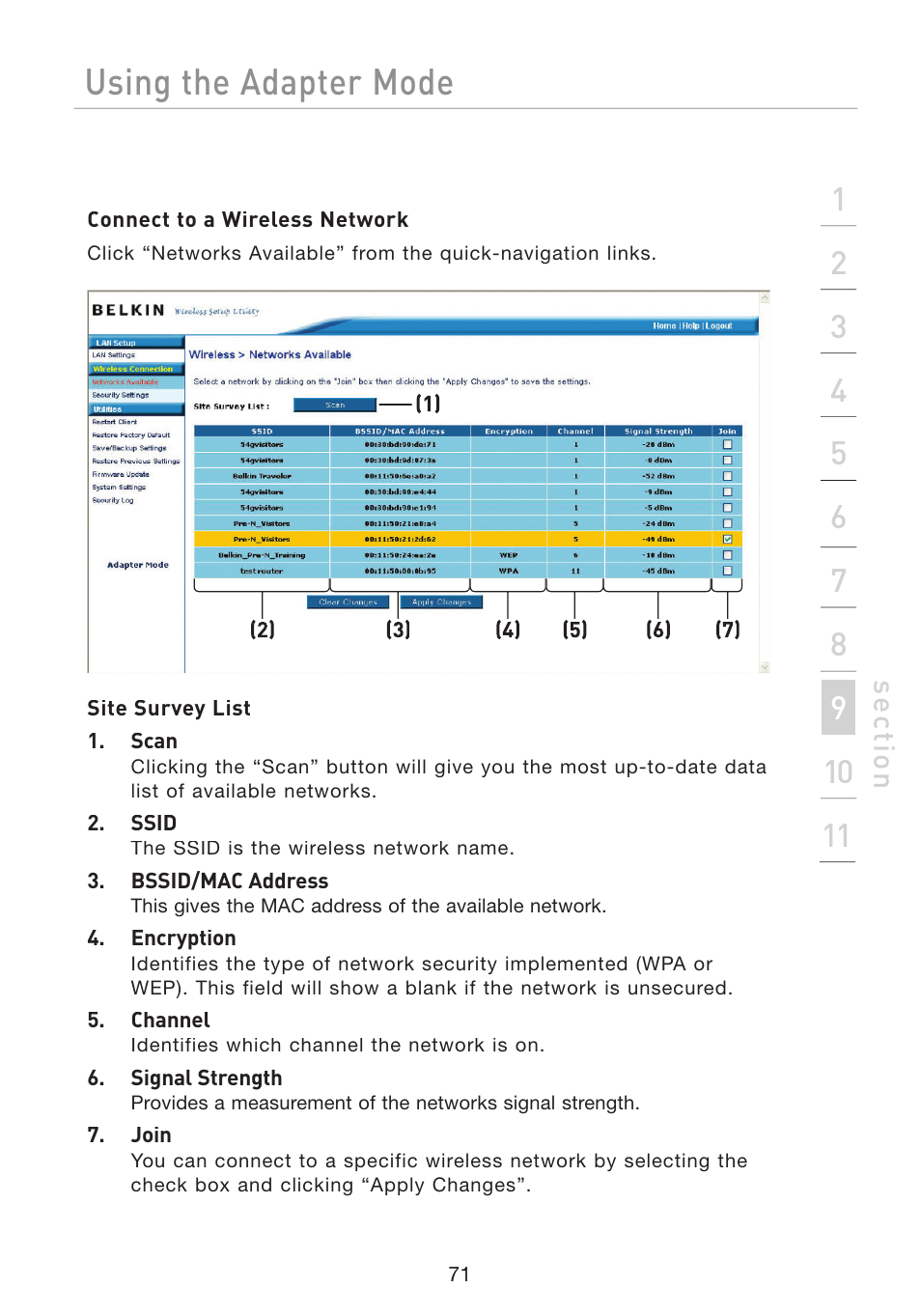 Using the adapter mode | Belkin Wireless G Travel Router F5D7233 User Manual | Page 73 / 85