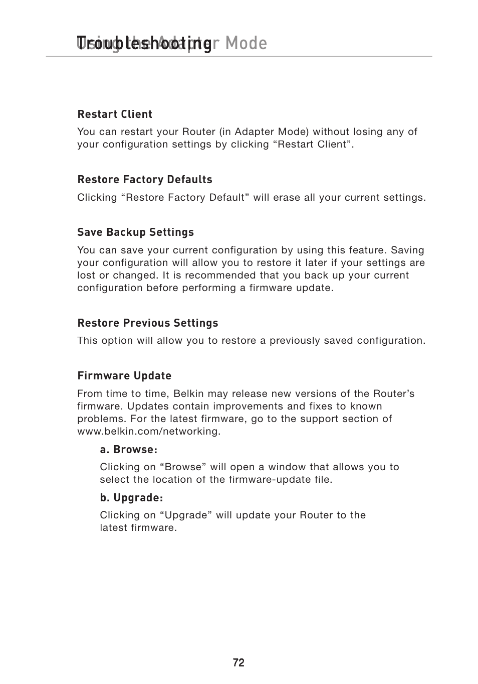 Using the adapter mode | Belkin Wireless G Travel Router F5D7233 User Manual | Page 74 / 85