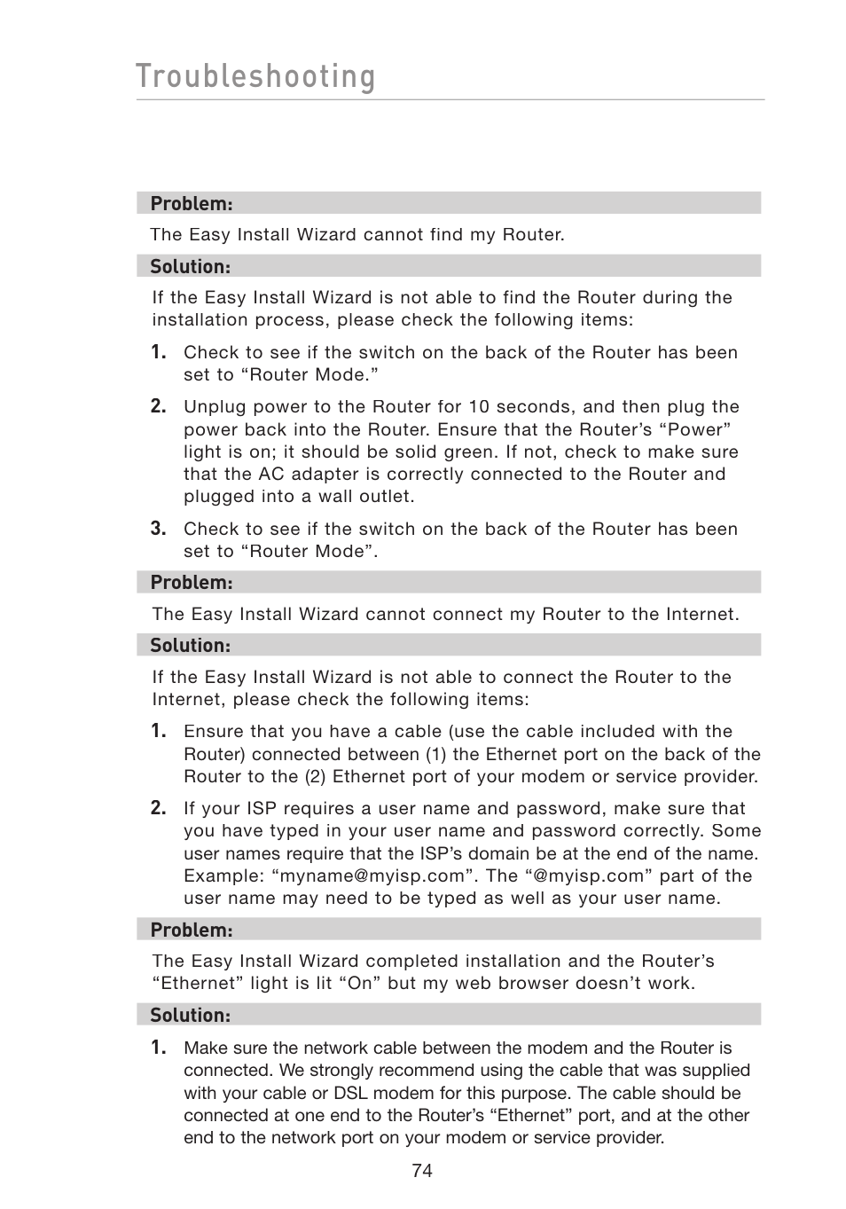 Troubleshooting | Belkin Wireless G Travel Router F5D7233 User Manual | Page 76 / 85