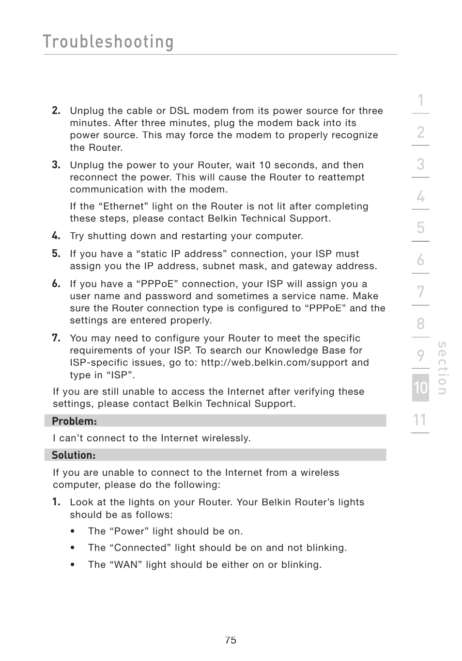 Troubleshooting, Se ct io n | Belkin Wireless G Travel Router F5D7233 User Manual | Page 77 / 85