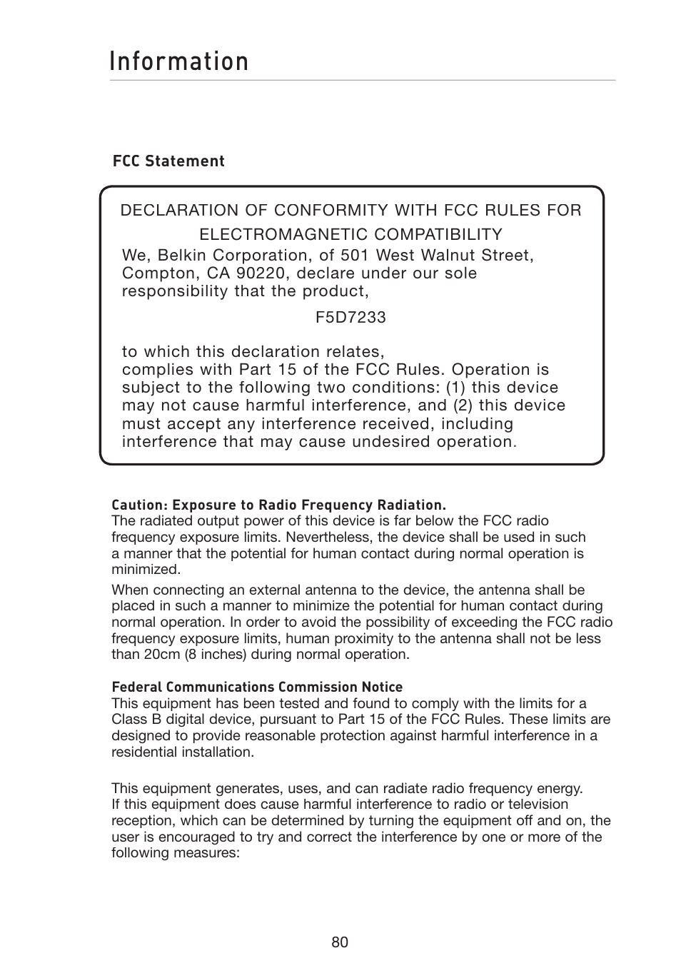 Information | Belkin Wireless G Travel Router F5D7233 User Manual | Page 82 / 85