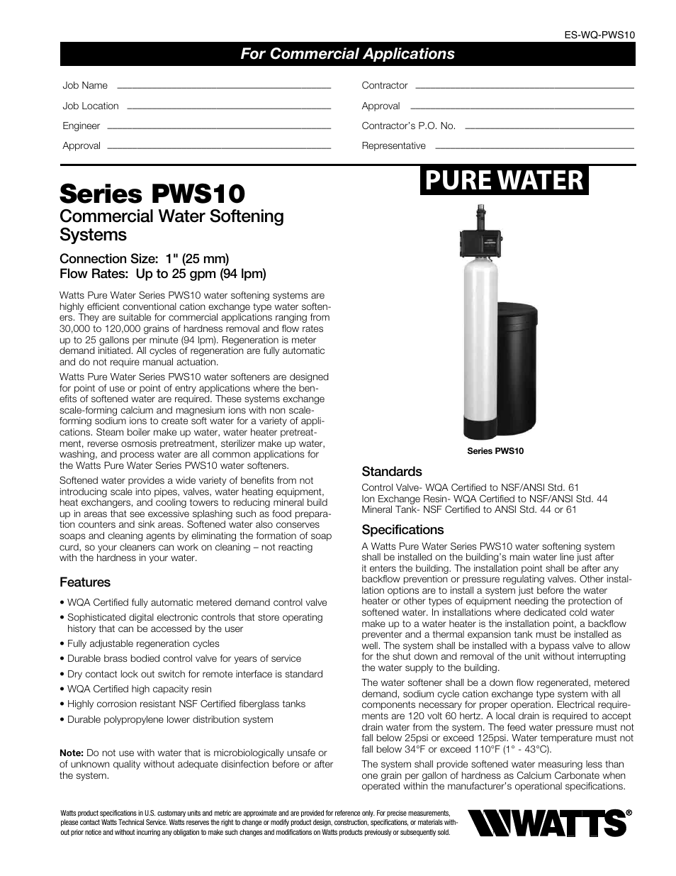 Watts PWS10 (3-4CUFT) User Manual | 3 pages