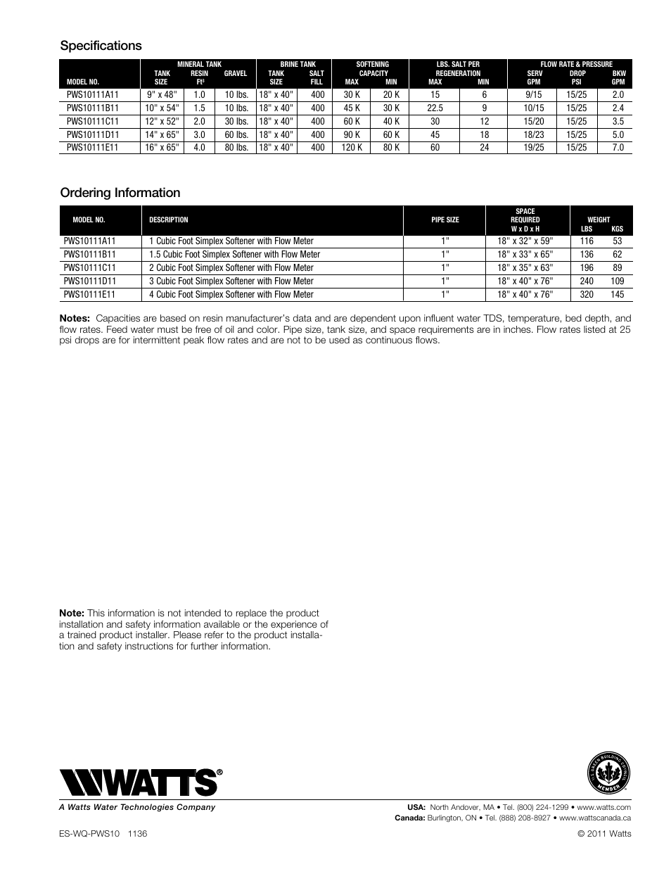 Specifications, Ordering information | Watts PWS10 (3-4CUFT) User Manual | Page 3 / 3
