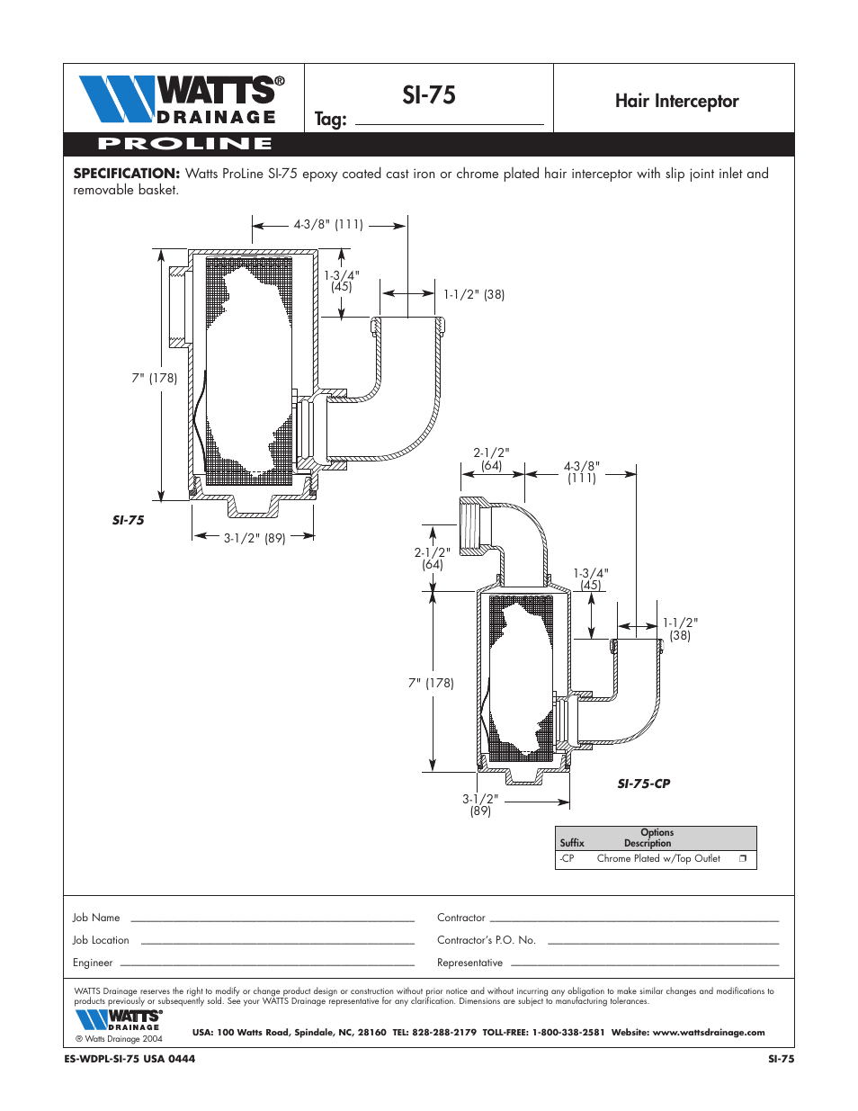 Watts SI-75 User Manual | 1 page