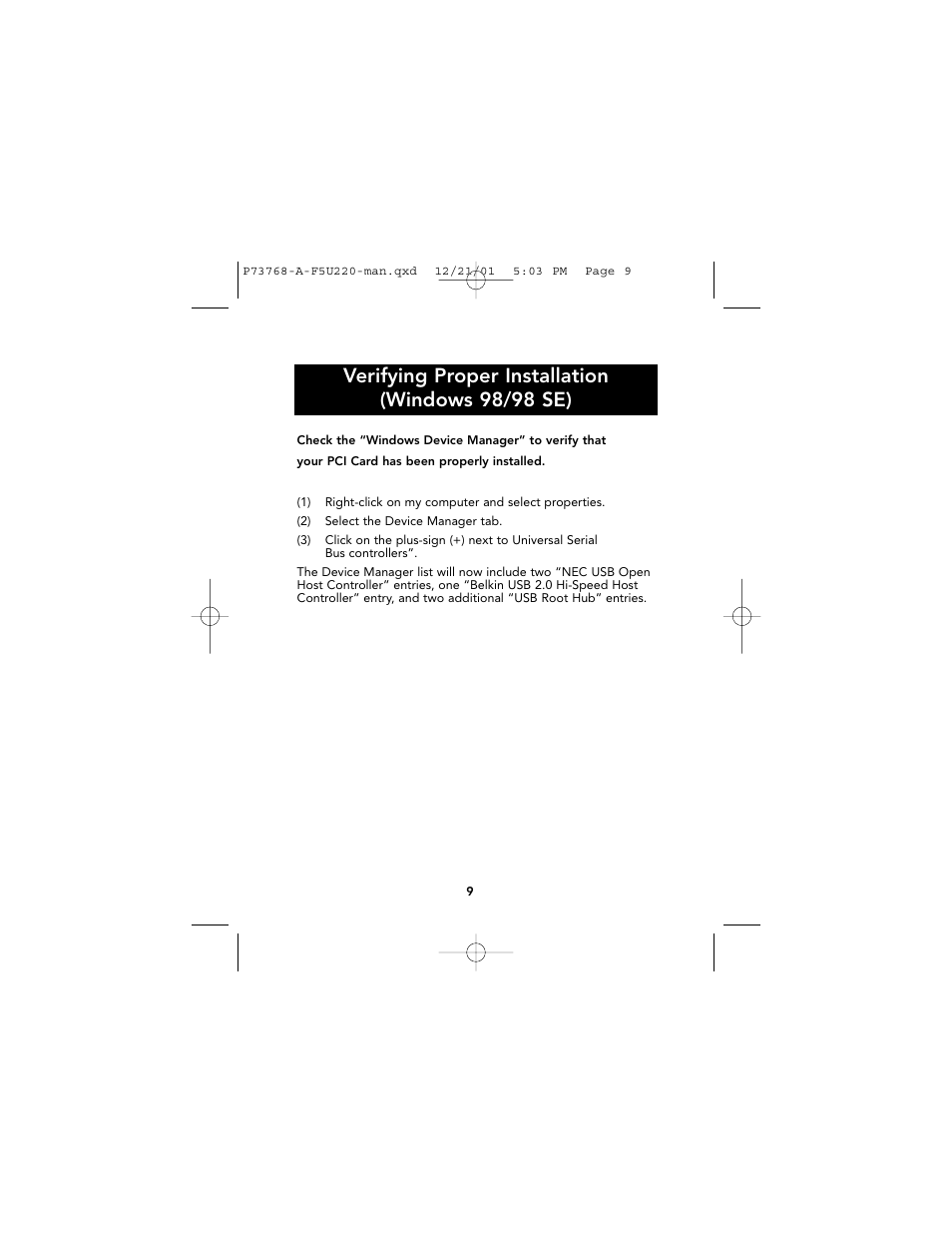 Verifying proper installation (windows 98/98 se) | Belkin P73768-A User Manual | Page 11 / 19